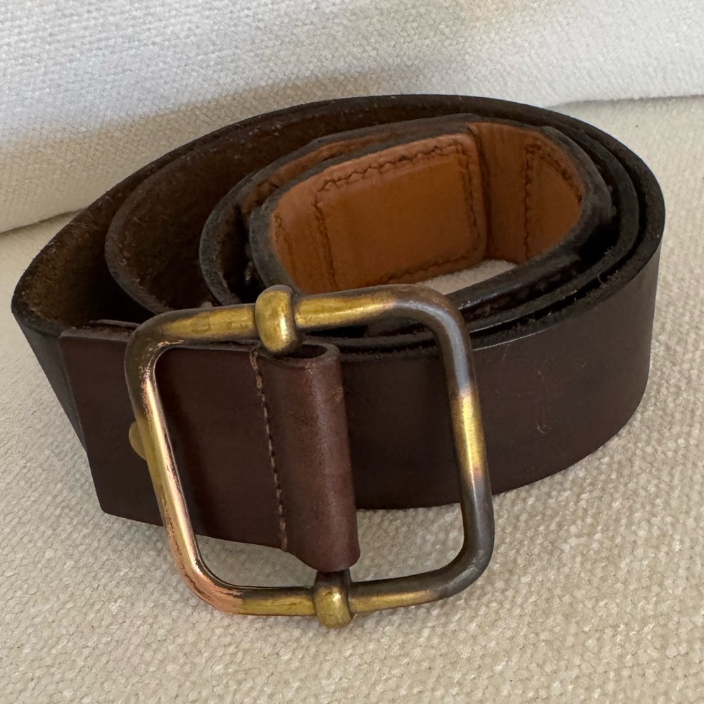 Leather Island Men’s Genuine Brown Leather Brass Buckle Belt 42”